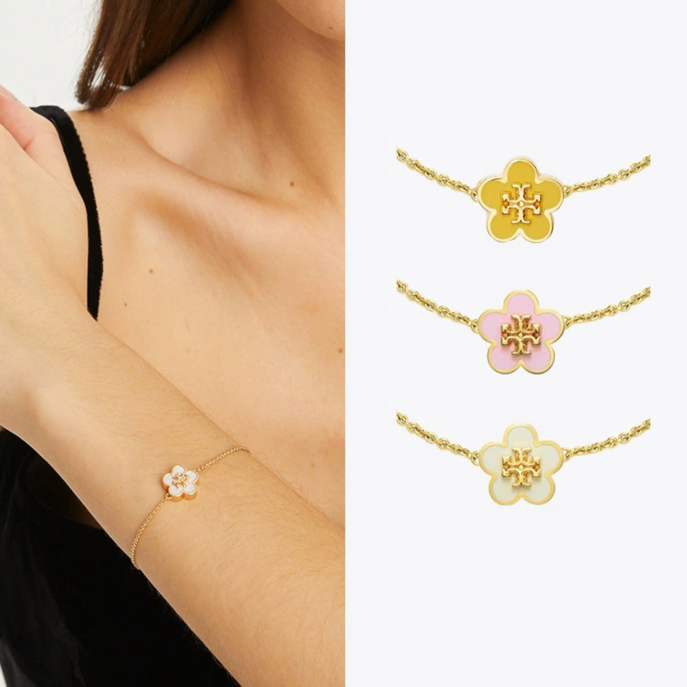 Tory Burch Gold Plated Enamel Flower Double Initial Pendant Bracelet